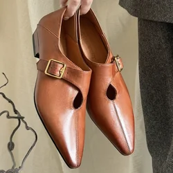 2025 New women's cow leather pointed toe metal buckle slip-on flats high quality soft comfortable female daily shoes for woman
