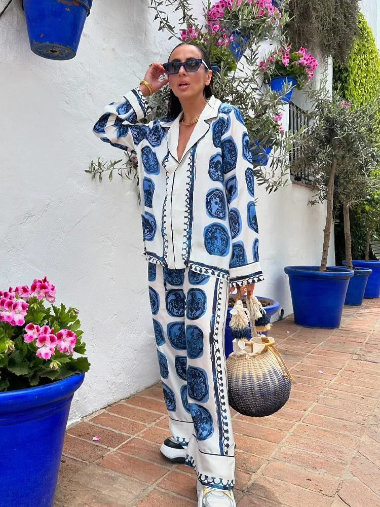 

HH Women 2 Piece Set Chic Printed Lapel Single-Breasted Long Sleeve Loose Top+Summer Woman Casual Drawstring Wide Leg Pants