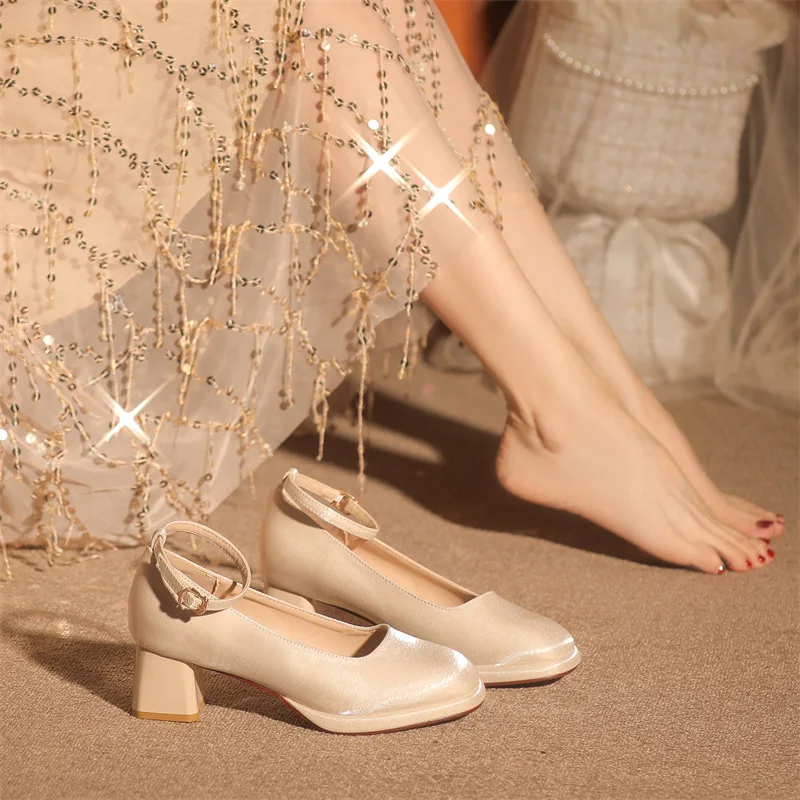 Spring Autumn Buckle Stilettos Women's Thick Soled Mary Jane Style Wedding Shoes Bridal Dress Single 7cm High Heels Pumps