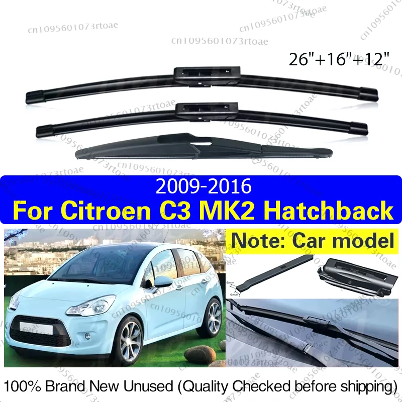 

For Citroen C3 MK2 Hatchback 2009 - 2016 Wiper Front Rear Wiper Blades Windshield Windscreen Window Car Rain Brush 26"+16"+12"