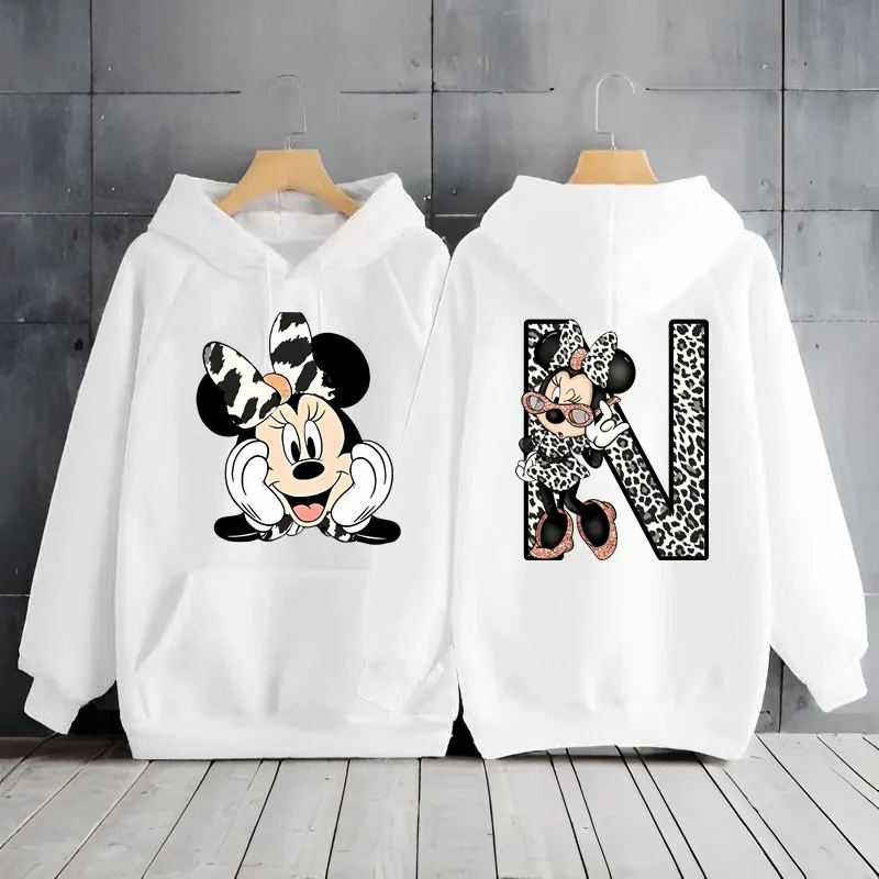 Cute Leopard Minnie Mouse 26 English Alphabet Hoodie Woman Clothing Y2k Clothes Sweatshirts Long Sleeve Woman Clothes Hoodie