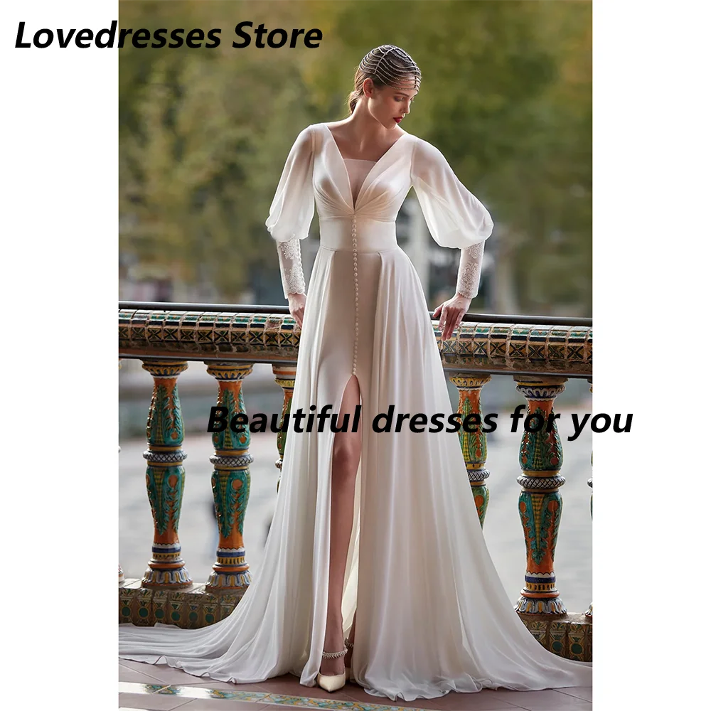 

Elegant Wedding Dress Customized V-Neck Long Sleeves Applique Pearls A Line Thigh Slit Sweep Train Bridal Gowns 2025