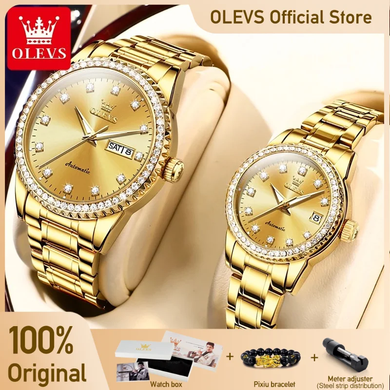 

OLEVS New Couple Watches Luxury Automatic Mechanical Wristwatch Diamond Dial Date Week His and Her Watch Waterproof Luminous ﻿