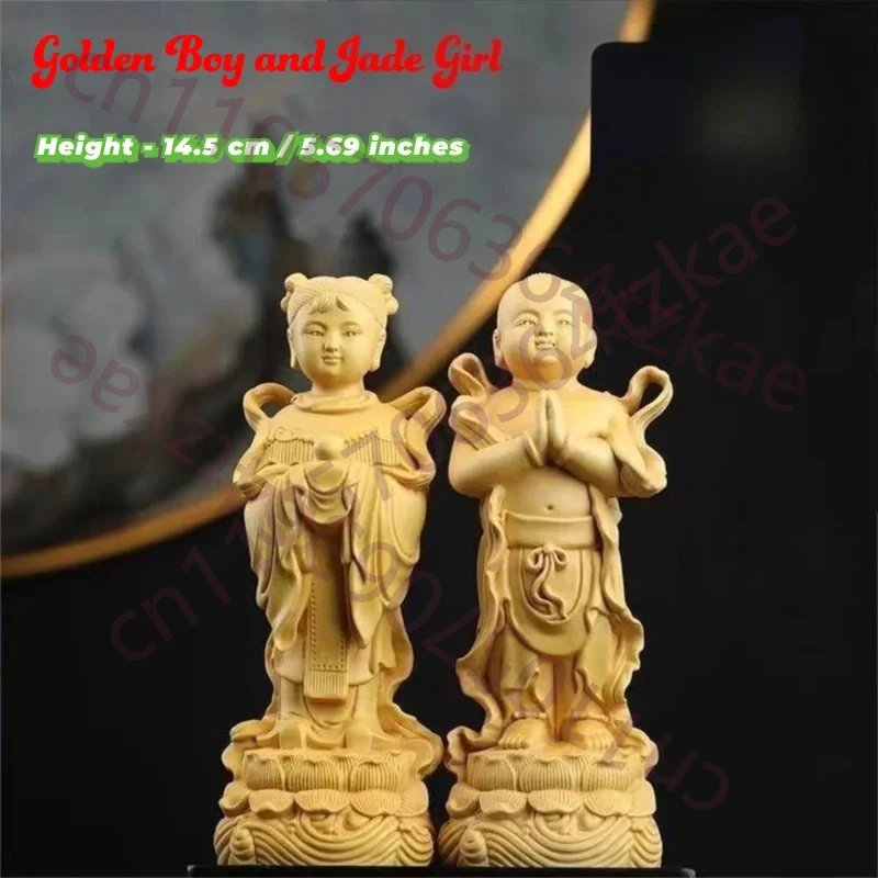 

Wood Carving Golden Boy And Jade Girl Small Statue Cute Home Room Office Wealth Luck Feng Shui Decor Wedding Gift A Pair