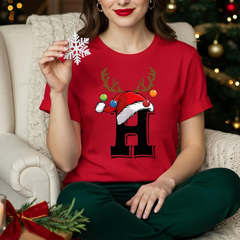 2026 Christmas Family Matching Tshirts Alphabet Santa Hat Print T-shirts Couple Kids Adult Matching Xmas Party Vacation Tee Gift