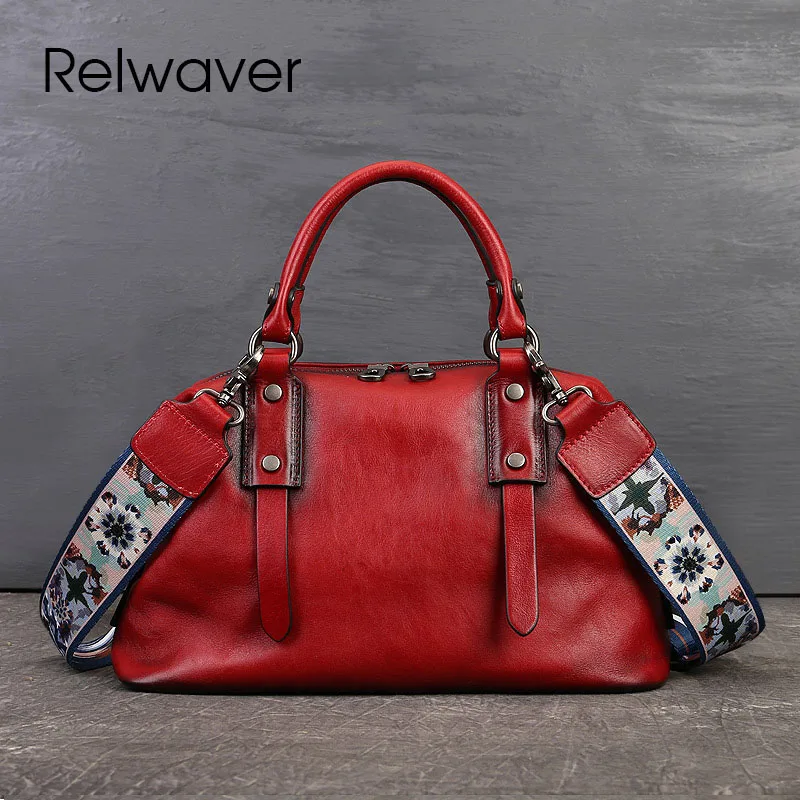 Relwaver natural cow leather Boston bag genuine leather women handbags 2024 spring soft pillow big shoulder crossbody bags