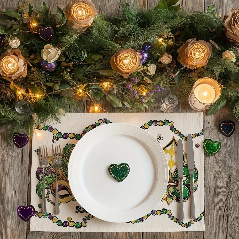 1PC Mardi Gras Iris Mask Table Mats - Vibrant Purple, Green & Golden Design with Beads & Sequins