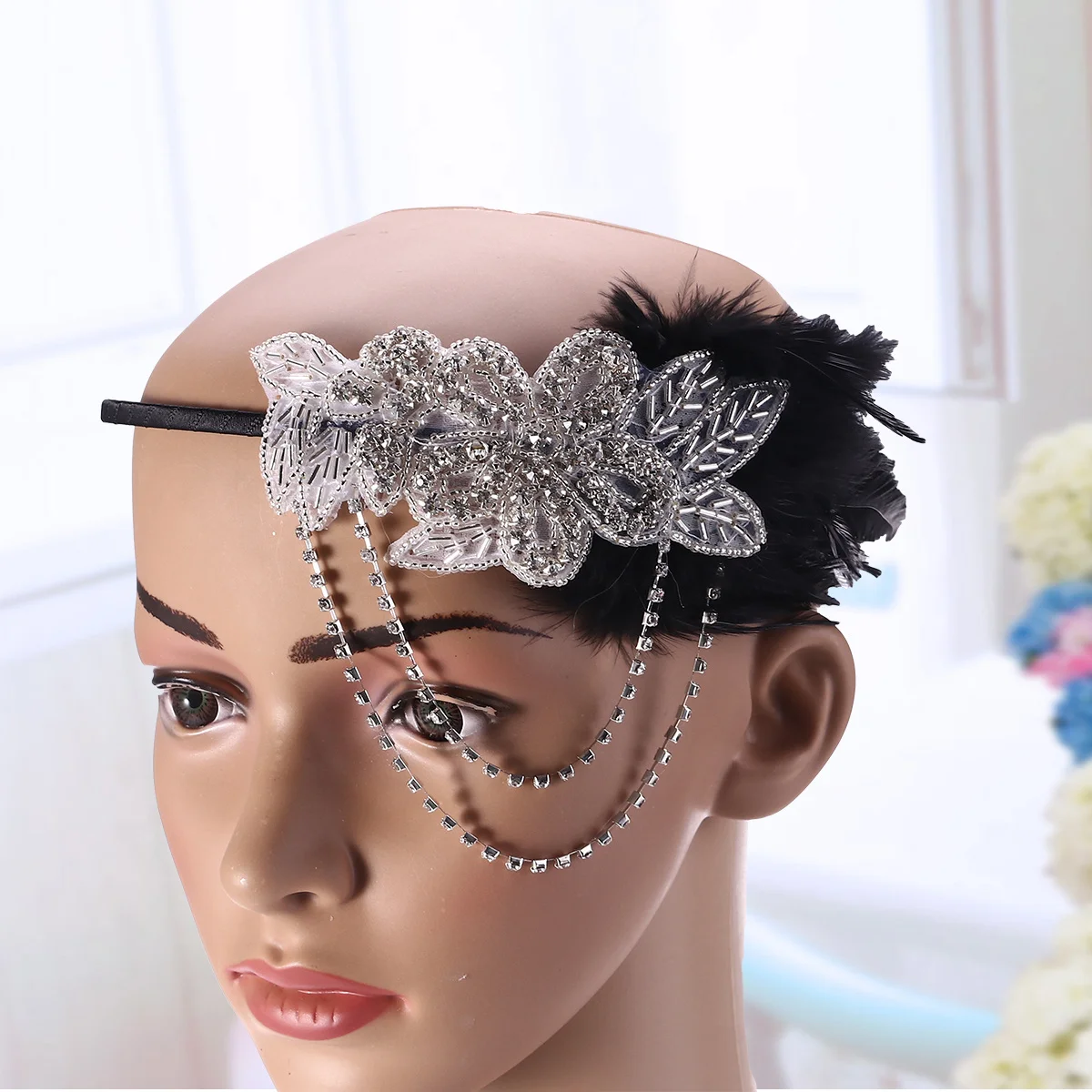 

Повязка на голову, один размер, подходит для всех, черный головной убор в стиле ретро для свадебной вечеринки, косплей, нарядное платье 1920-х годов, цепочка для волос