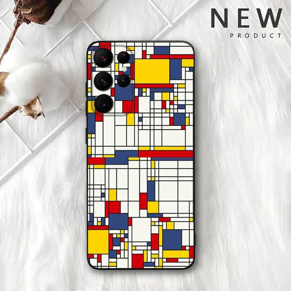 Casing Ponsel Abstrak P-PIET MONDRIANS untuk Samsung S 25,24,23,22,30,21,10,9,Ultra,Plus,Lite,FE,4,5G Casing Lembut Hitam