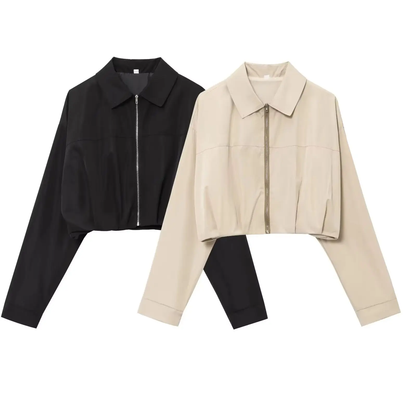 KONDALA Chic Spring Woman Short Jackets Zipper Black Streetwear Long Sleeve Pleated Jackets Casual Fashion 2025 Female Outwear