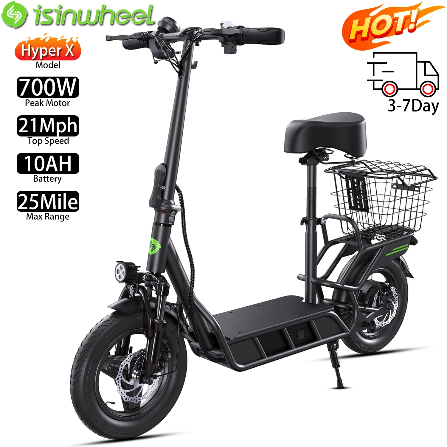 

Foldable Electric Scooter With Shopping Basket Isinwheel Hyper X 14" 700W Motor Top Speed ​​21Mph 48V 10AH 25Mile Load 120Kg