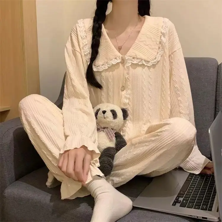 

Pajama Sets Women's Spring Autumn New Korean Princess Style Cute Home Clothing 2-piece Set Nightwear Romantic Nightgown Fancy Pj