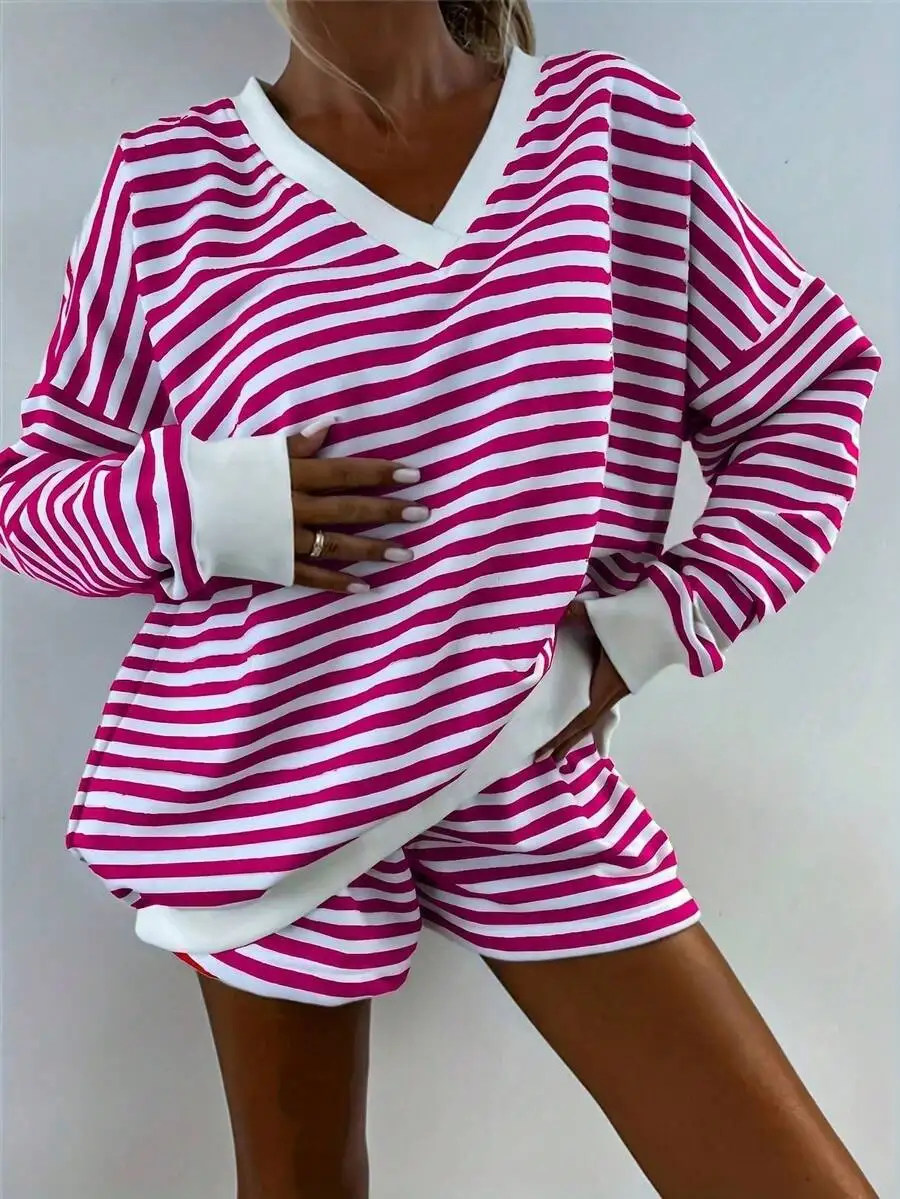 

Womens Pink And White Striped V-Neck Long Sleeve Pajama Set Loose Sleepwear Shorts