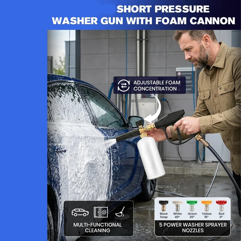 Short Pressure Washer Gun with Foam Cannon, M22-14 to M22-15 and M22-14 to 3/8 Inch Connector, with 5 Pressure Washer Nozzles