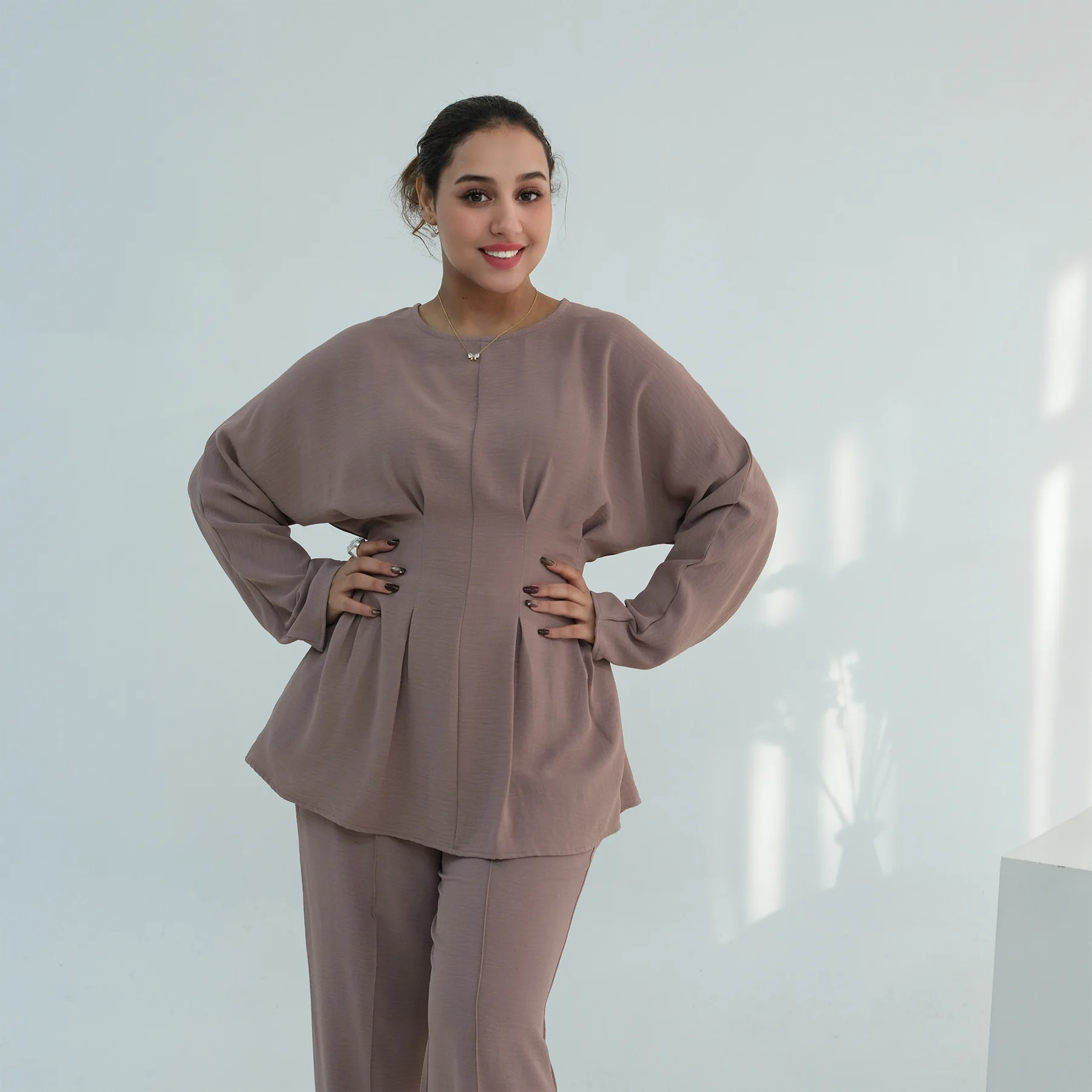 Muslim Women Matching Set Pleated Long Sleeve Solid Color Tops High Waist Loose Pant Suit Turkey Casual Tracksuit Kaftan Outfit