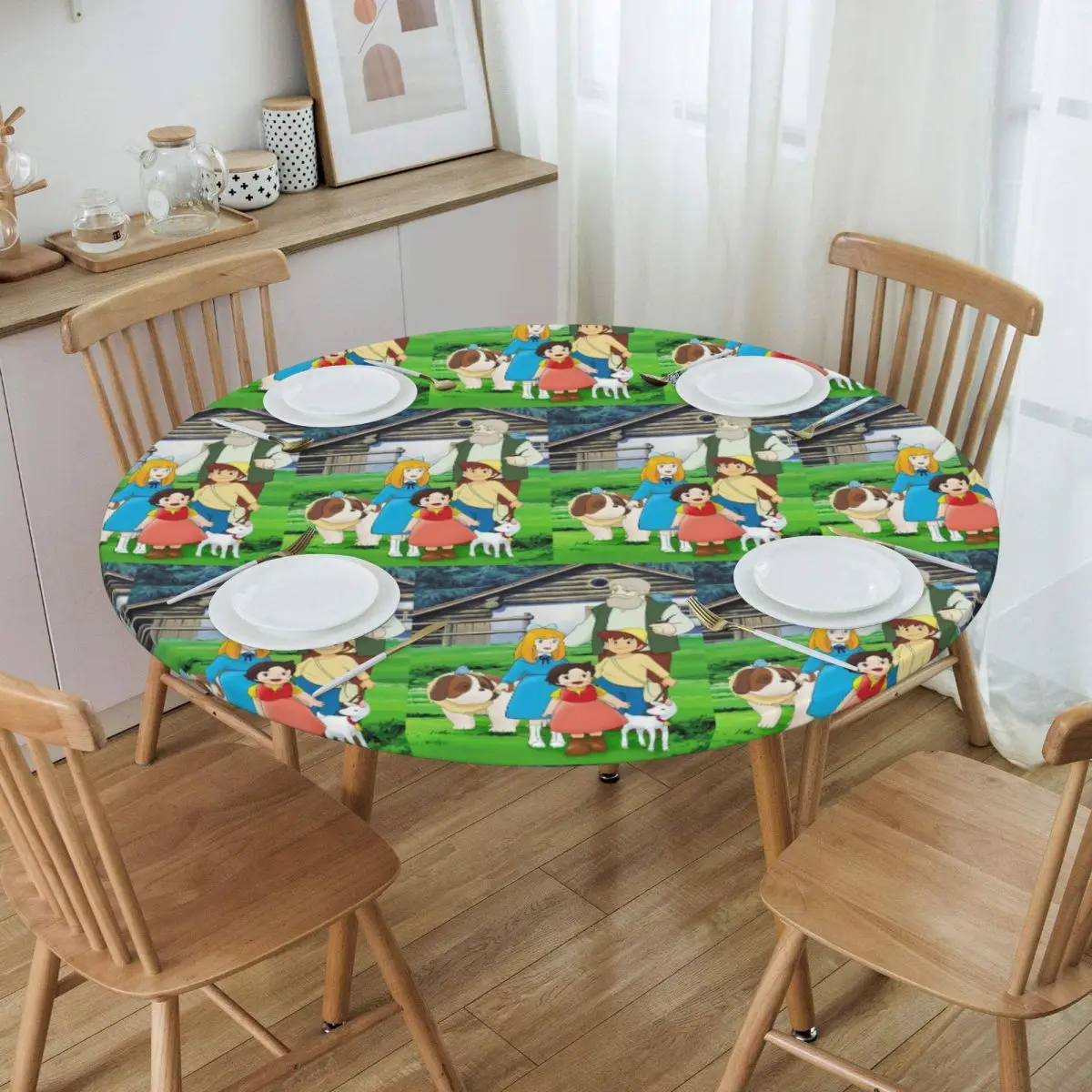 Heidi Peter And Grandpa Family Alps Mountain Anime Round Tablecloth Oilproof Table Cloth for Kitchen Events Dining Table Cover