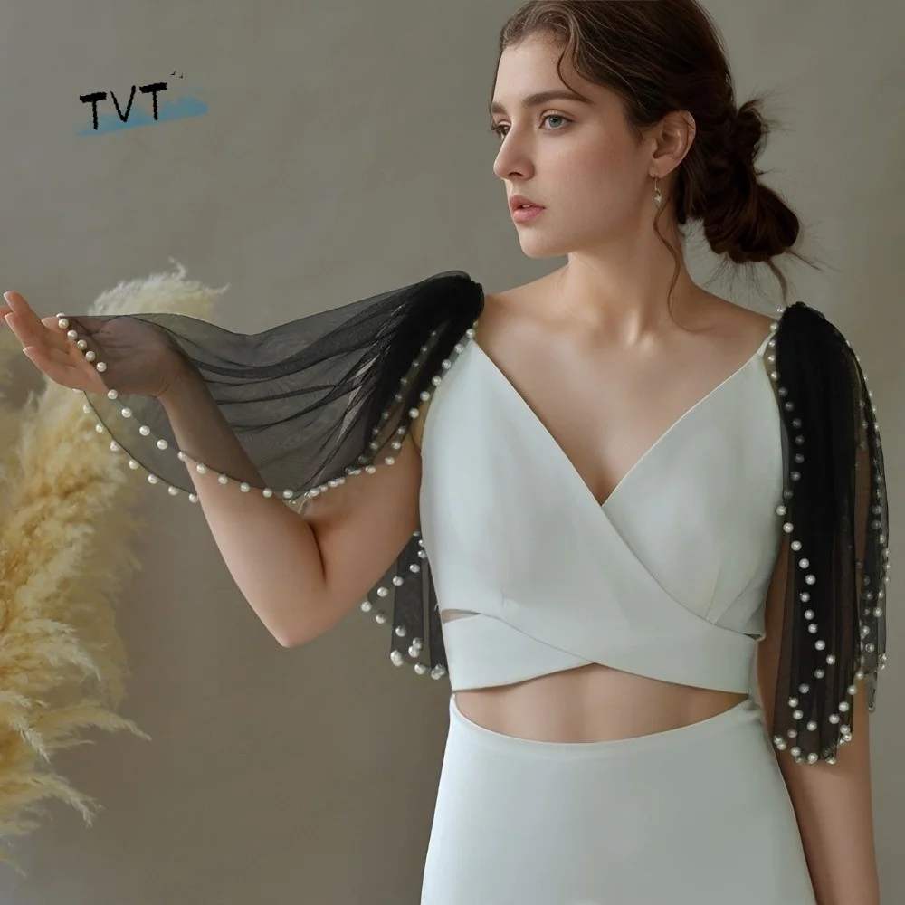 

Detachable Design Lightweight Tulle Cape Short Length Beaded Bridal Pearl DIY Shawl Winged Shape Korean Style