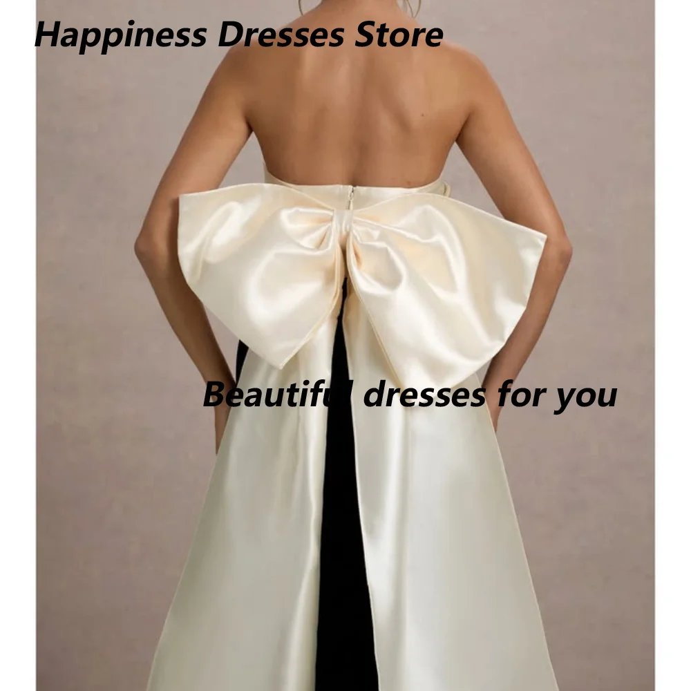 Customized Ivory Satin Black Big Bow Mother Of The Bride Gown Strapless Ruched Back Pleated High Slit Mermaid Formal Dress