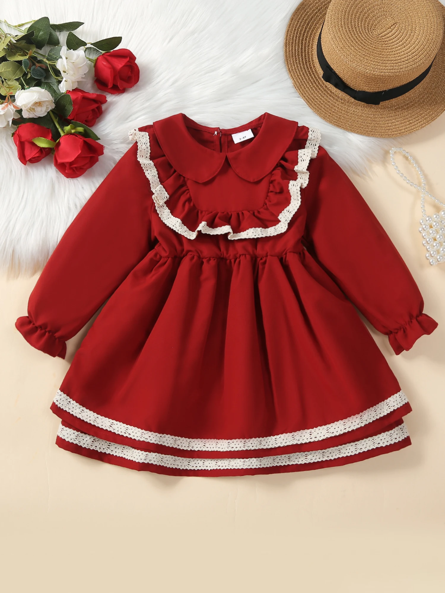 Robe de Noël pour enfants avec bordure en dentelle, manches longues, col claudine, mini robe froncée, col rond