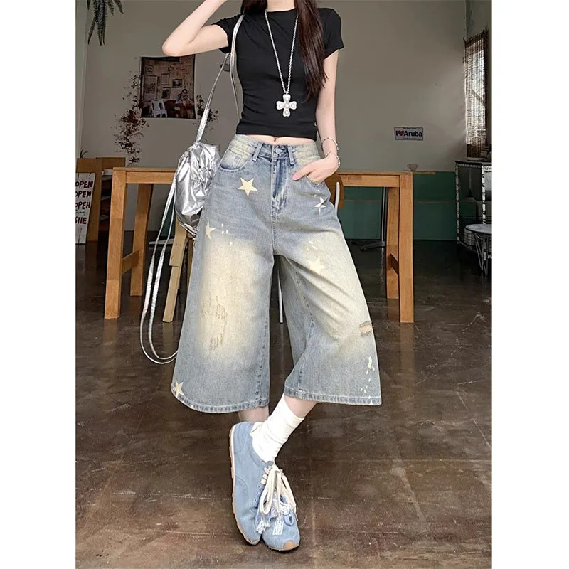 Women's New Baggy Calf Length Jeans Vintage Hole Star Printed Wide Leg Denim Pants Ladies Fashion High Waisted Cropped Trousers