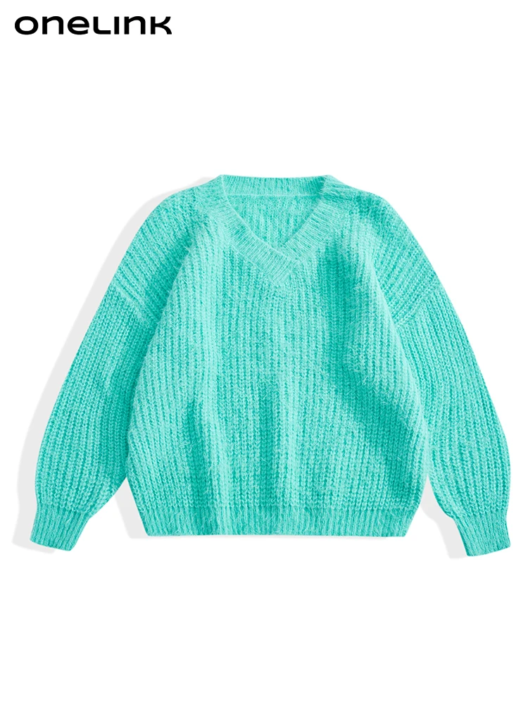 

ONELINK Luxury Marten Wool Plus Size Women Autumn Winter Pullover Sweater V Neck Knit Mint Green Icy Blue Oversize Clothing Top