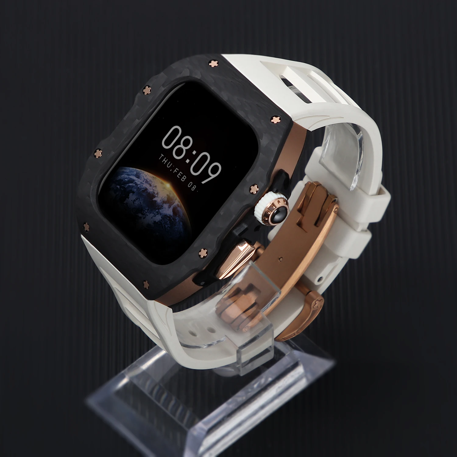 Popular mutiple colors and sizes gold center frame watch cover with carbon fiber fluororubber strap for iWatch S10 cases