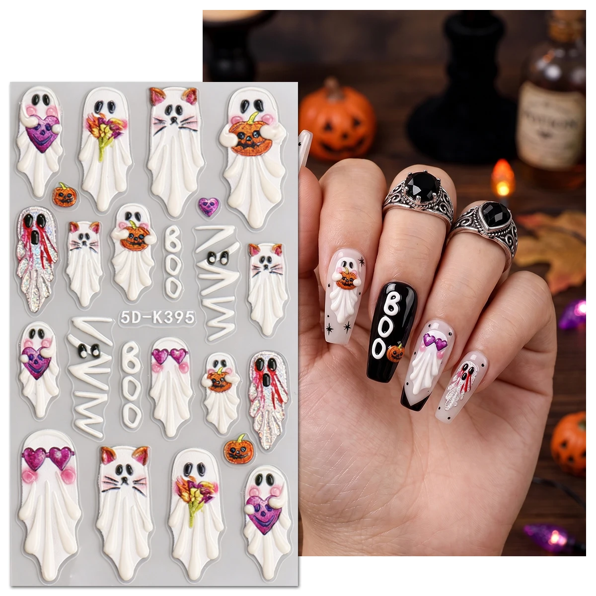 2/3/2/3/4/4PCS 5D Halloween Day of the Dead nail sticker, pumpkin cat skeleton spider pattern, women's DIY nail decoration