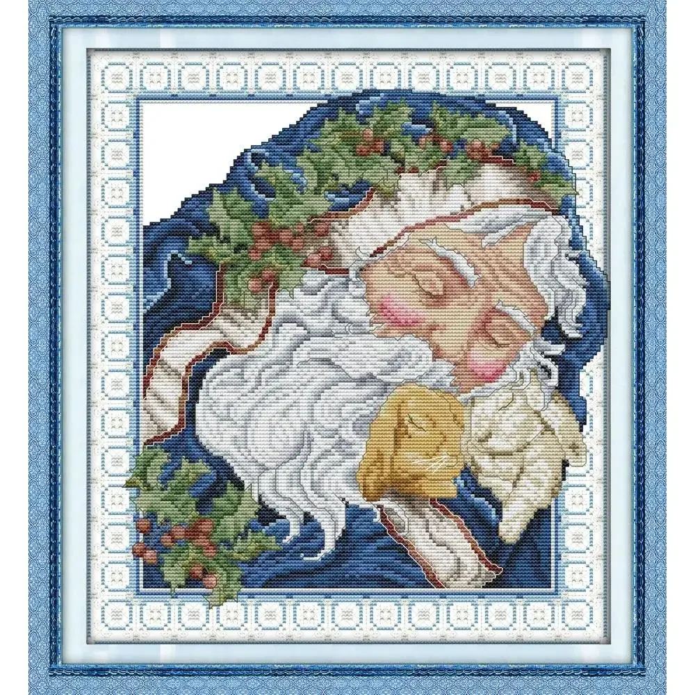 Joy Sunday News Printed Cross Stitch Kit ,  Easy Sewing Pattern for Beginner  Stamped Fabric Embroidery Set-Intoxicated Santa Cl