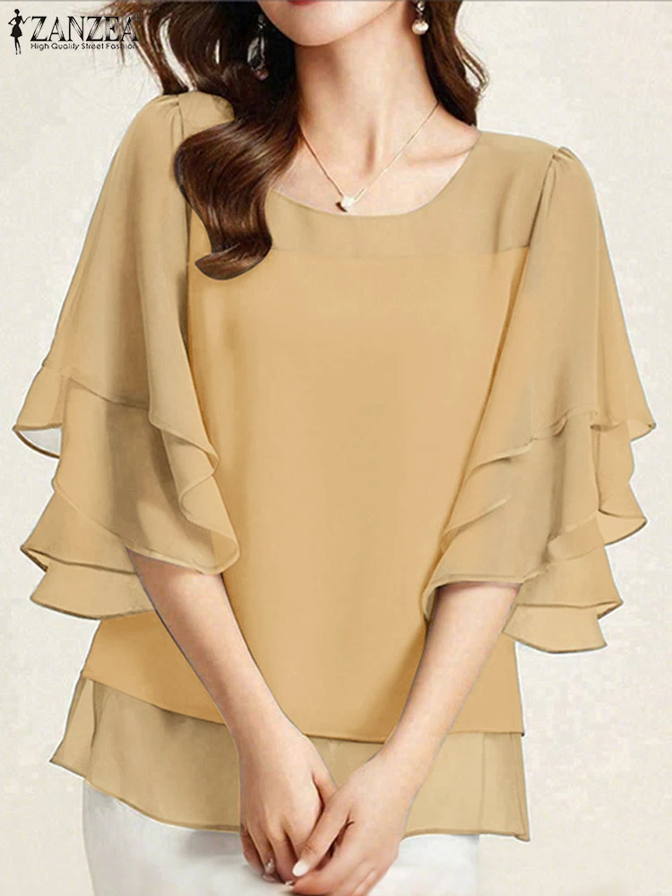 ZANZEA mode chemisier en mousseline de soie femmes couleur unie hauts tunique 2025 automne 3/4 manches chemises à volants décontracté bureau dame hauts élégants