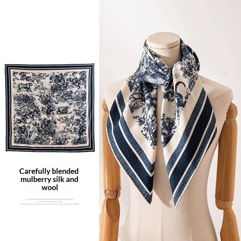 

Винтажный сине-белый двусторонний шарф из шелка и шерсти, большой квадратный платок для осенне-зимнего сезона, шаль для кондиционера
