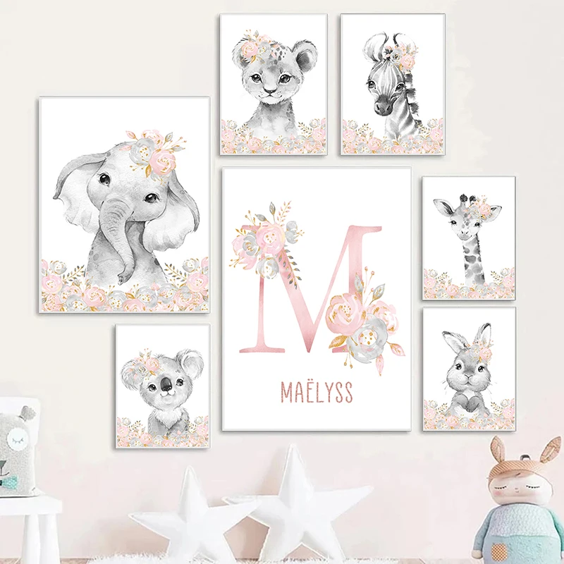 Safari Animals In Pink Flowers Kids Name Customized Nursery Wall Art Posters and Print for Girls\' Bedroom Decor Baby Shower Gift