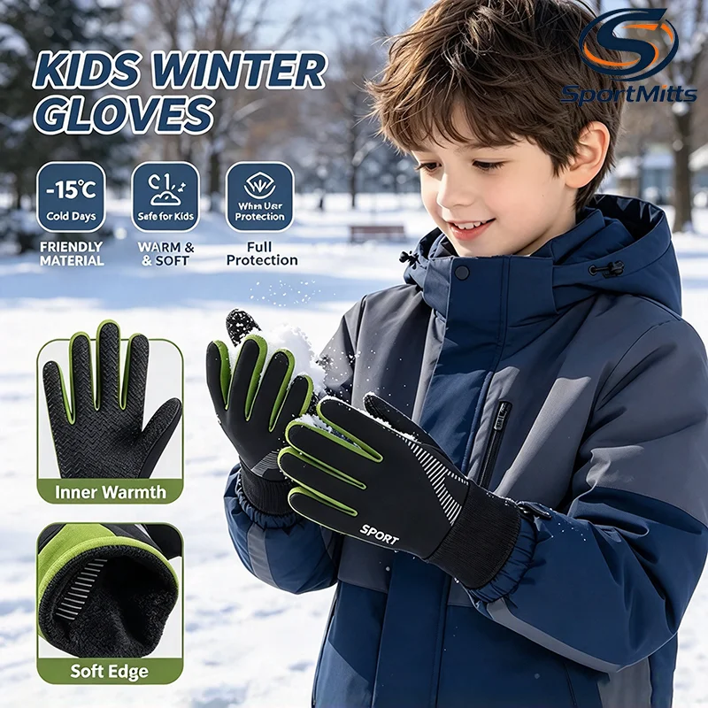 1 Pair Kids Winter Warm Sports Gloves - Cold Weather Water-Resistant Children Mittens Age 5-13 Years Boys Girls