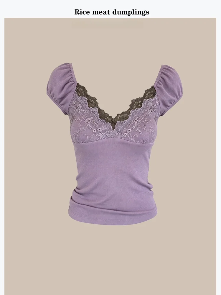 Summer Beautiful Shoulder Short Sleeve T-Shirt V-Neck Purple Korean Style Design Sensation Women's Fashion Cotton Polyester B...