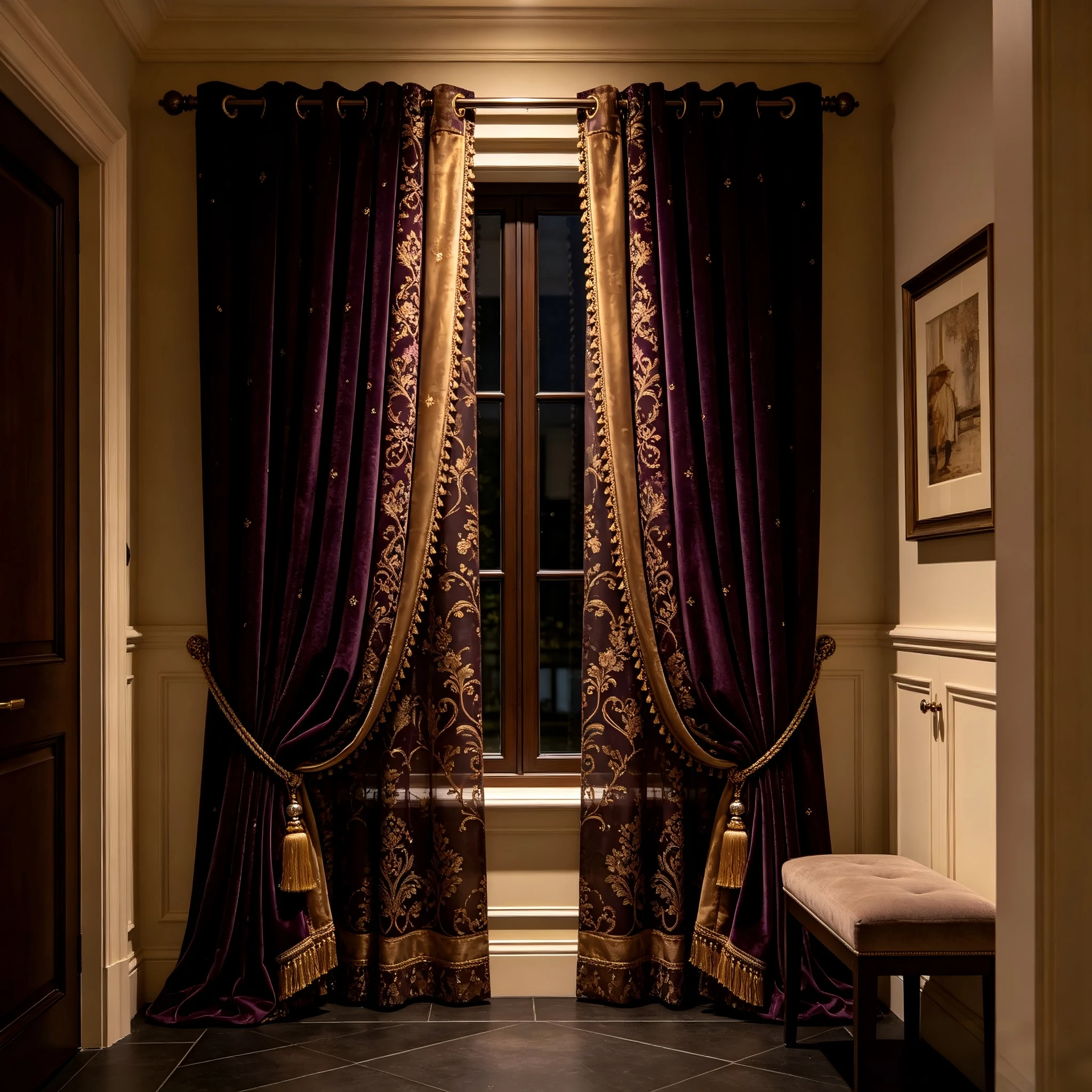 200327  Entrance high window area: deep purple velvet x dark gold high-precision, Persian patterned jacquard curtains
