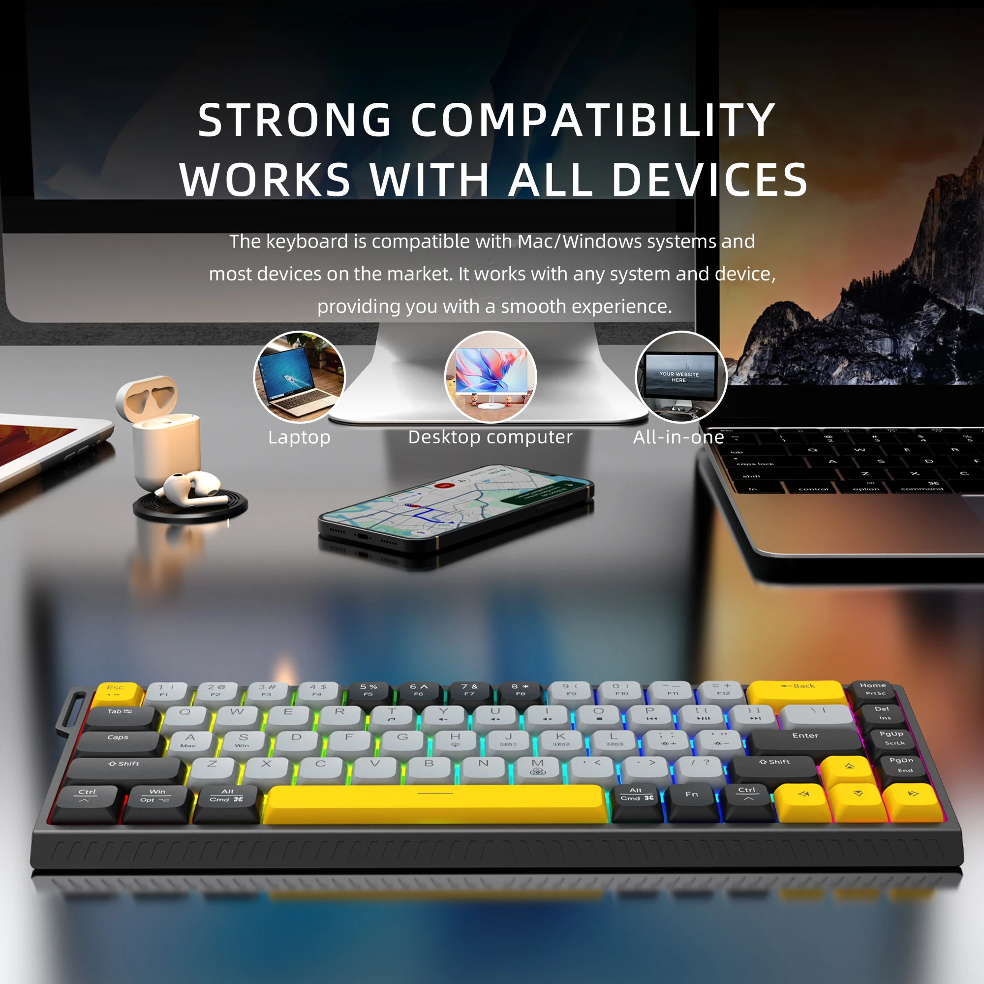 USB 유선 68키 키보드, 컬러 매칭된 짧은 키캡, 초박형 노트북 느낌, RGB 발광 키보드