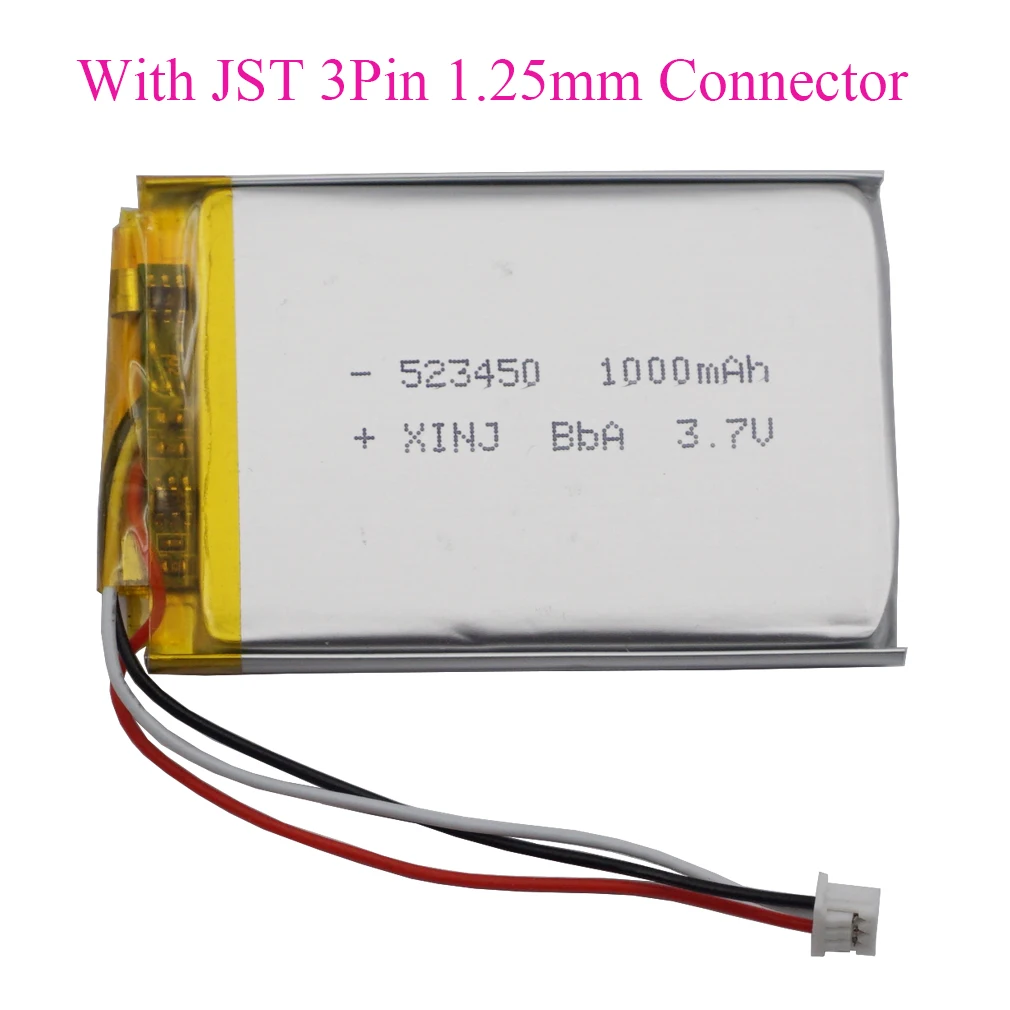 3.7V 1000mAh 3.7Wh 523450 JST 3Pin 1.25mm NTC Thermistor Rechargeable Polymer Lipo Li Battery For GPS Bluetooth Speaker DashCam