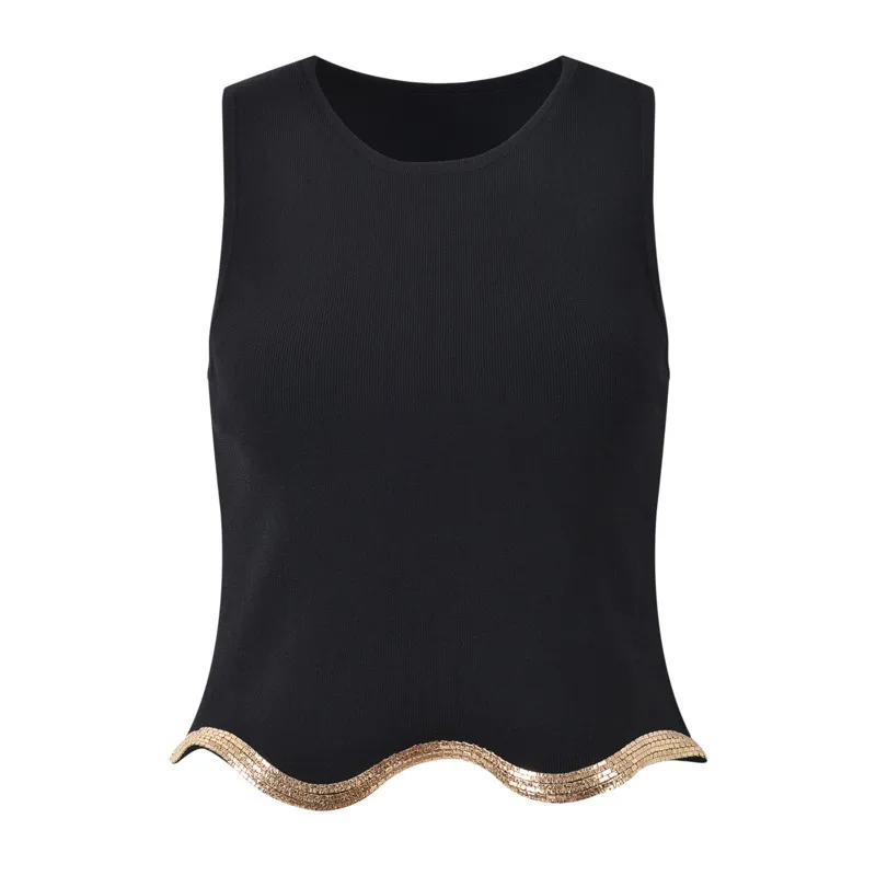 CHUJIE Women's Dress Set 2025 Spring/Summer New Wave Pattern Hot Diamond Black Round Neck Slim Look Sleeveless Top Skirt Set