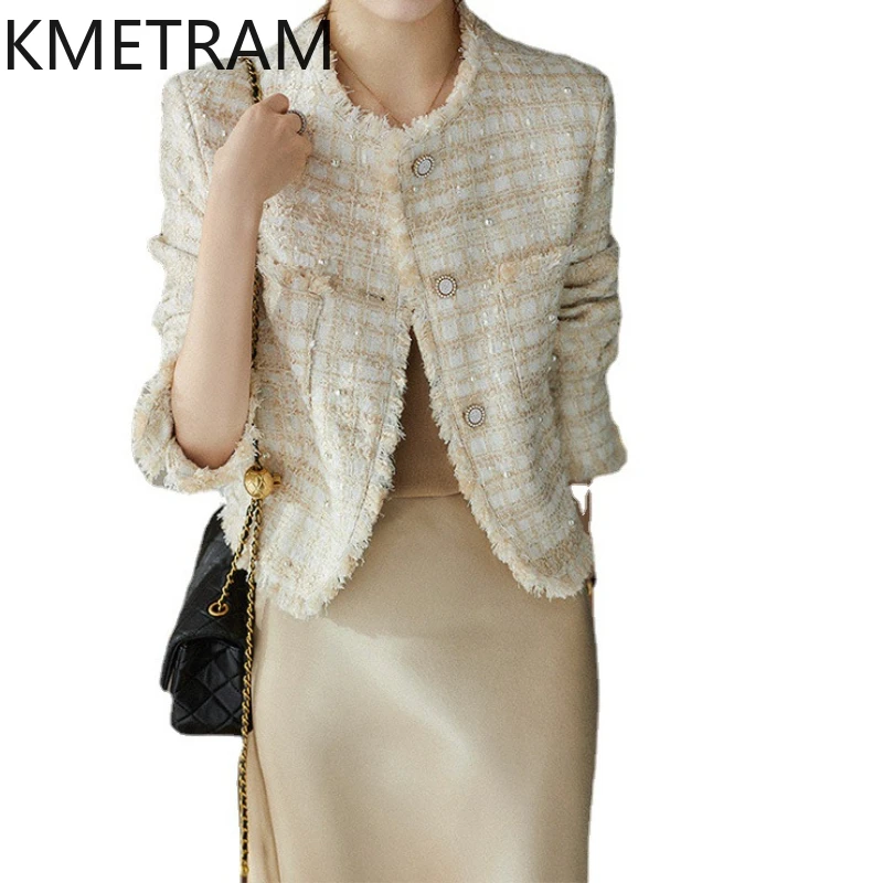 KMETRAM Real Wool Tweed Jackets Pearl White Jacket High Quality New in Outerwear Fall Clothes Women 2024 Chaquetas Para Mujer