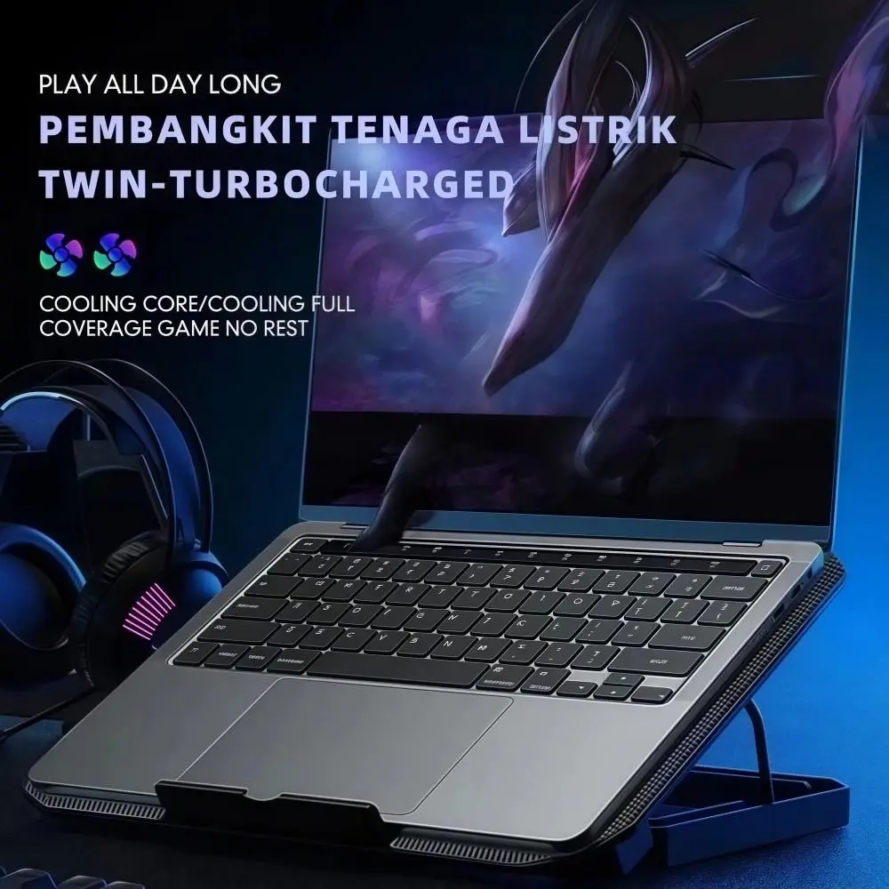 Two Fan Laptop Cooler Adjustable with Phone Holder Large Cooling Pad Stand 7-speed Adjustment RGB Laptop Cooling Base