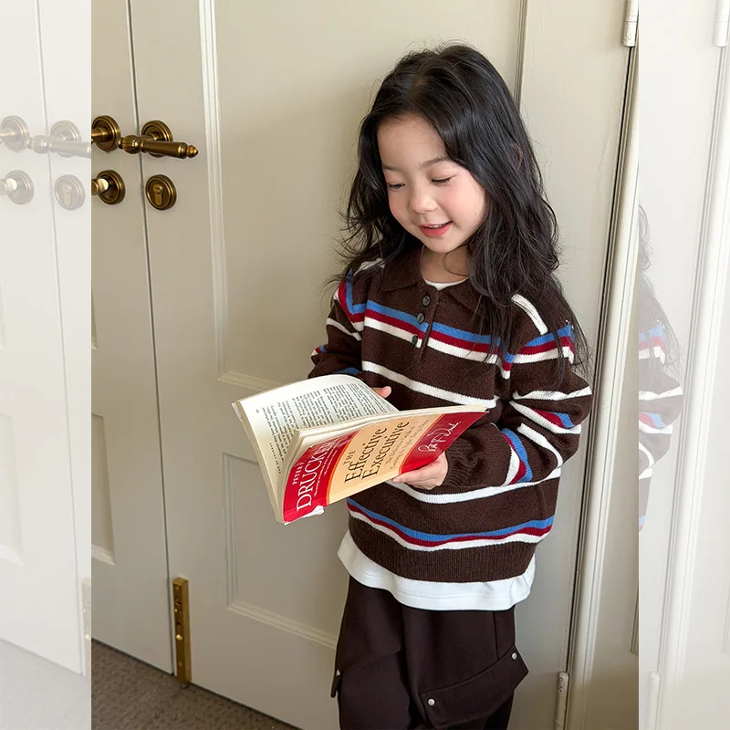2025 New Autumn Fashion Kids Korean Style Color-blocking Knitted Tops Girls and Babies Casual Color Striped Lapel Sweaters