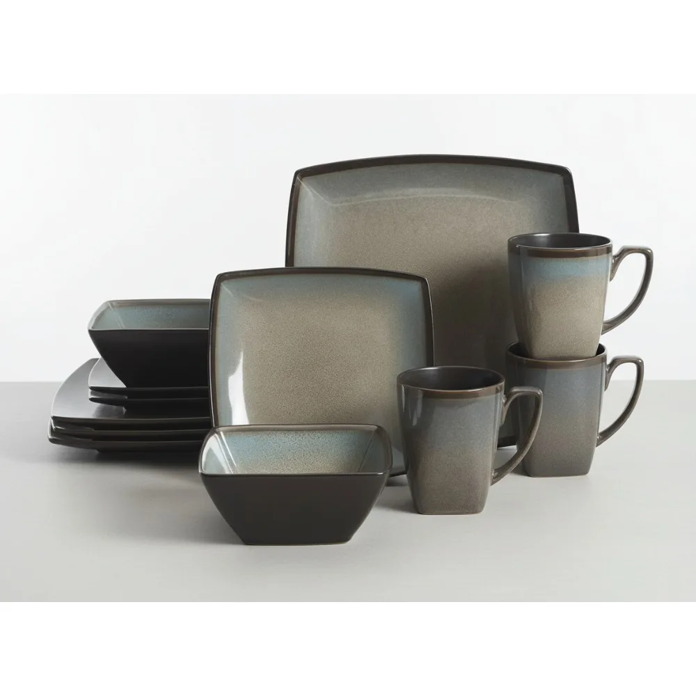 

Элегантный квадратный набор столовой посуды из камня с реактивной глазурью, сервиз на 4 (16 шт.), серо-серый — можно мыть в посудомоечной машине и в микроволновой печи