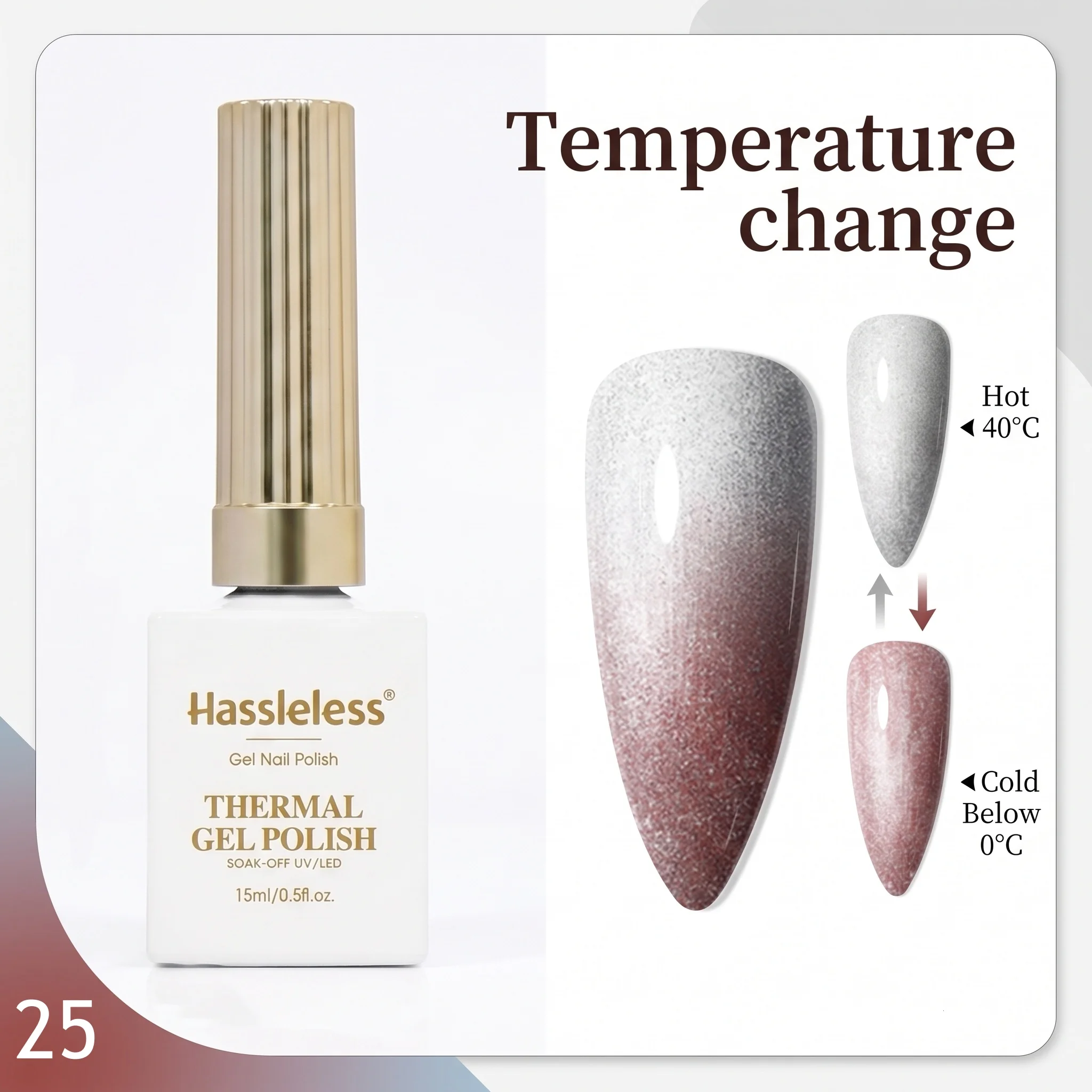 Hassleless Silver-White to Red-Brown Temperature-Changing Nail Polish Gel, Single Bottle Light Luxury Retro Style, with Temperature-Sensitive Color-Changing Properties. The Nail Polish Gel Applies Smoothly and Has a Ve