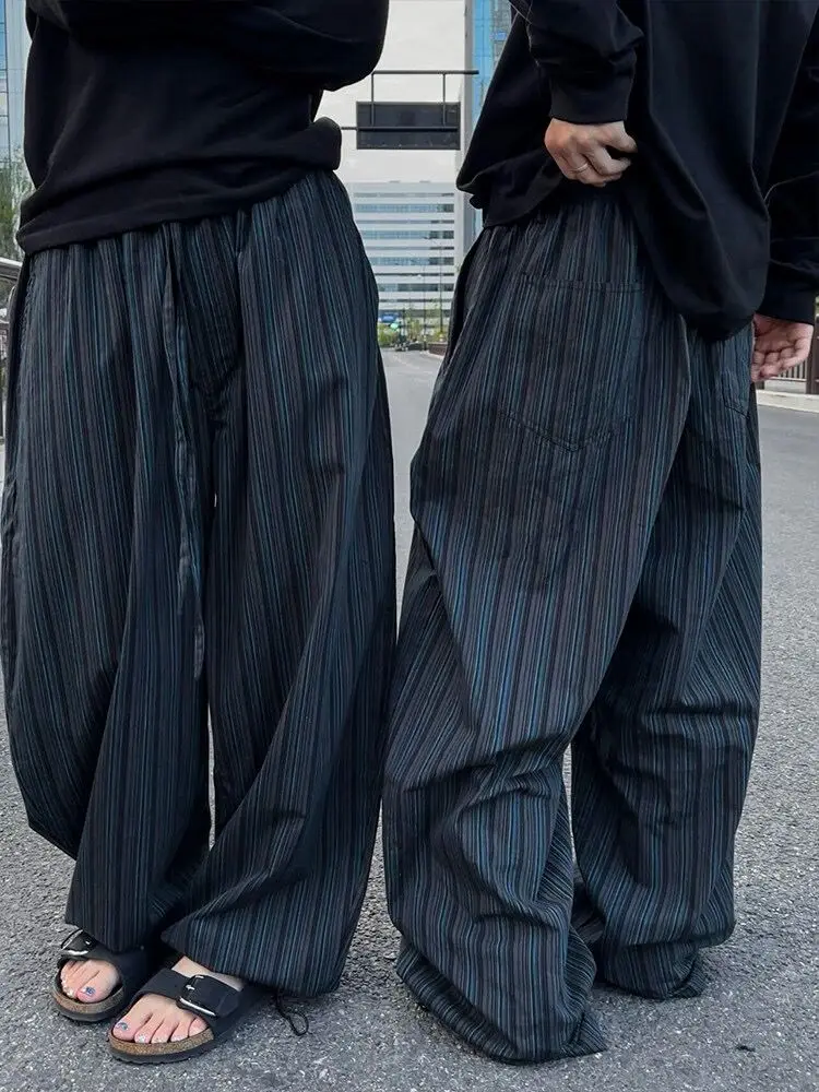 กางเกงขายาวทรงหลวมสไตล์อเมริกันเรโทร สีน้ำเงิน-ดำ ลายทางแนวตั้ง ผ้าฝ้าย สำหรับผู้ชายและผู้หญิง