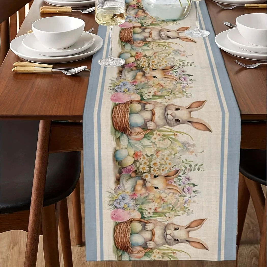 1 Easter Bunny Table Runner - with Colorful Eggs and Watercolor Flower Design, Suitable for Themed Cafes, Home Decoration, Cozy Tea Parties
