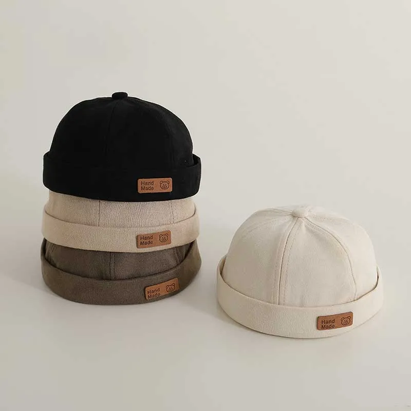 

Японская детская шляпа аренды, модные кожаные этикетки, детская кепка-дыня, 8-36 месяцев, шляпа для уличных танцев для мальчиков, детские купольные шапки без полей