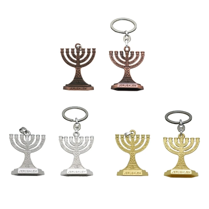 Traditional Menorah 7 Branch Jewish Candle Holder Keychain 12 Tribes of Israel Jerusalem Temple Candlestick for Drop Shipping