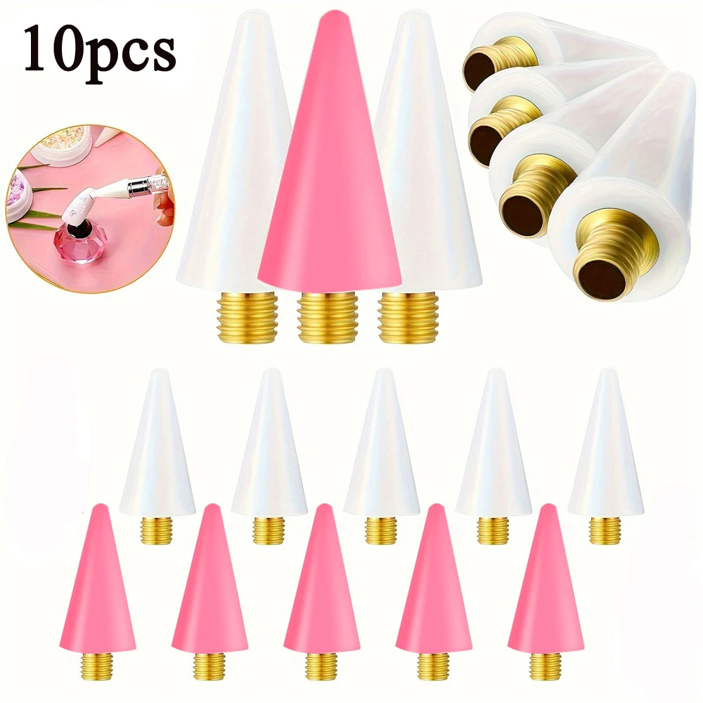 10pcs Pink/White Replaceable Nail Dotting Pen Wax-Head Rhinestones/Beads/Gems Picker Dotting Pen Replace Wax Head Nail Tools