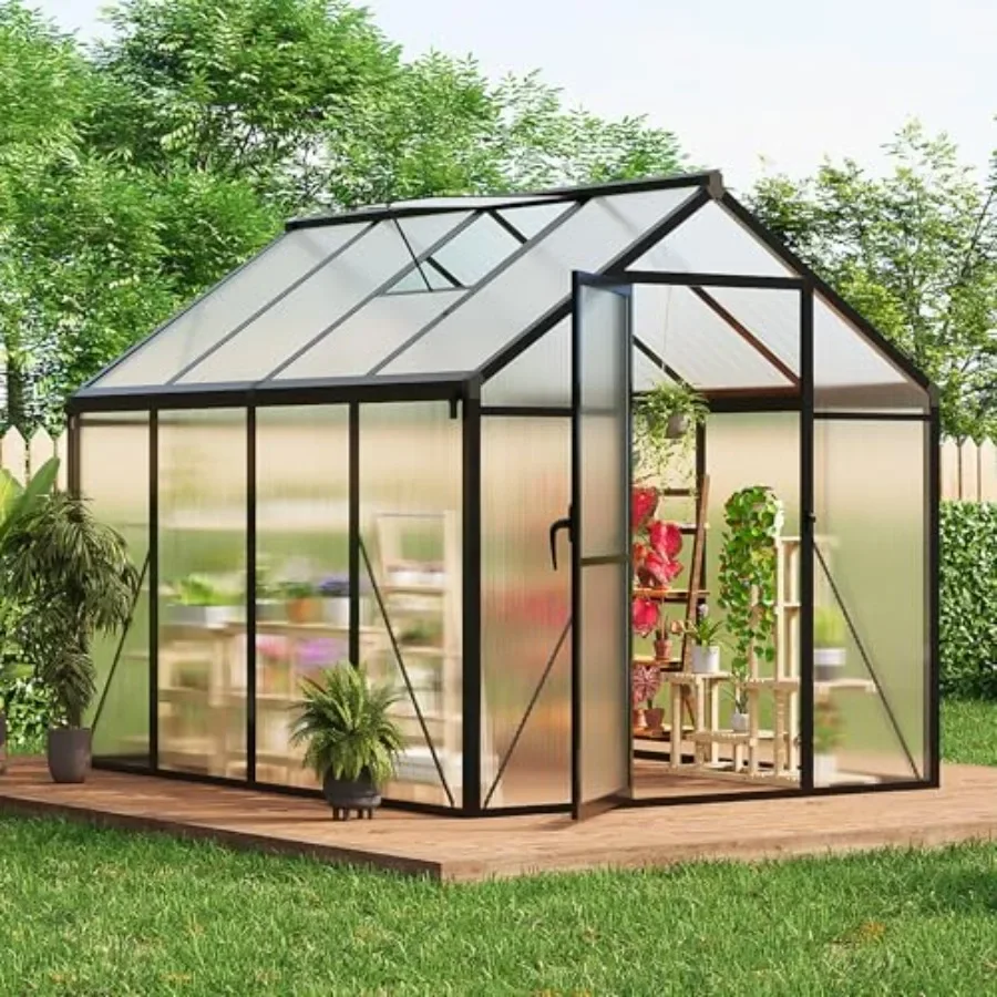 6x8 FT Greenhouse for Outdoors, Polycarbonate Greenhouse with Roof Vent, Ground Nails, Lockable Push Door, Aluminum Large Walk-
