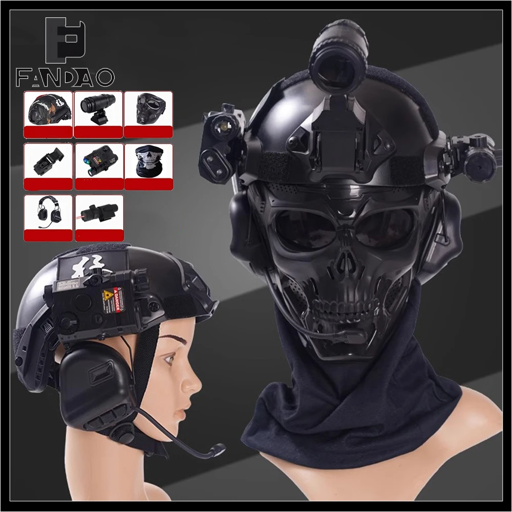 Tactical Children's Helmet Set Airsoft Special Forces FAST Protective Helmet with Skull Mask Headphones NVG Model for CS Cosplay