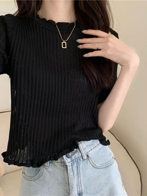 

Summer 2026 New Style Black Square Collar Short Sleeve Knitted Top Thin T-Shirt Women's Commute Style Regular Fit Pure Color
